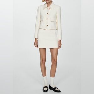 Mango Cream Cropped Button-Front Tweed Ecru Blazer/Skirt set